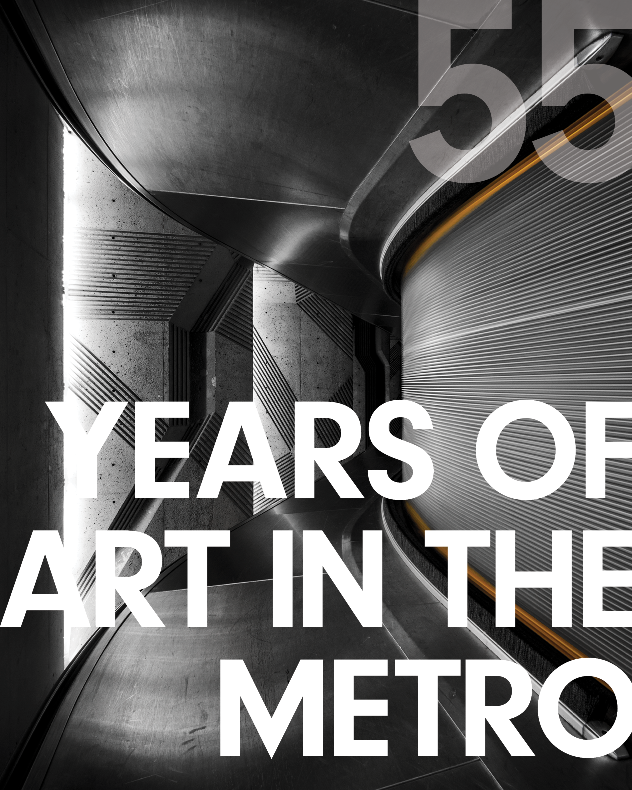 Front cover design of Montréal Metro Art Catalogue. Photo of an escalator by Christopher Forsyth with text reading "55 Years of art in the metro" on top.